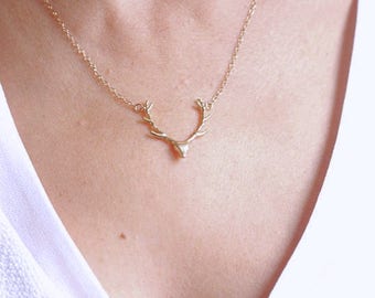 Gold Deer Antler necklace,  Gold Filled Chain, Silver reindeer necklace. Gold Reindeer . Christmas Gift popular on Esty