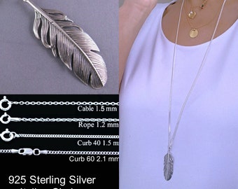 Feather Necklace, Sterling Silver Feather necklace - high detail feather on Sterling Silver Italy Rope Chain, Most popular Item for Feather