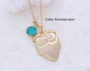 Gold owl Necklace - Gold Owl Charm with Sparkle CZ Eyes, Choose Personalized Charms Initial or birthstone. Graduation Gift