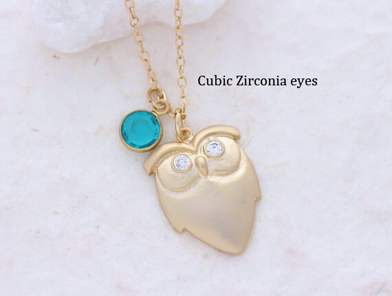 Gold owl Necklace - Gold Owl Charm with Sparkle CZ Eyes, Choose Personalized Charms Initial or birth