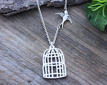 Silver bird cage Necklace, Be Free, Fly Free Bird Necklace, Lost Loved One-Silver Bird cage Necklace, Cancer free