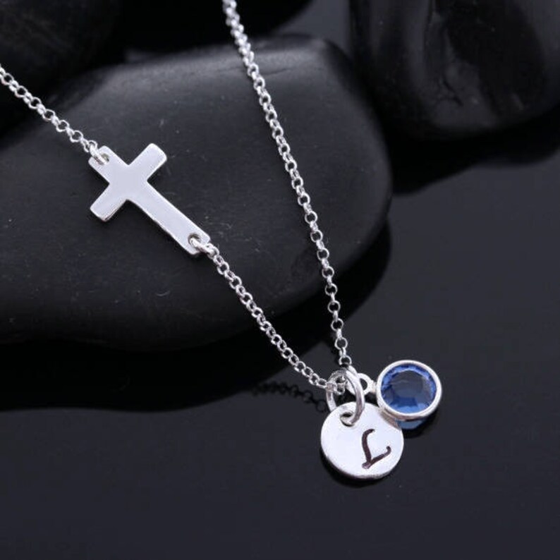 Sterling Silver Cross Necklace on Sterling Silver Chain . Birthstone and Initial Necklace . Sideways Cross initial Birthstone Necklace image 1