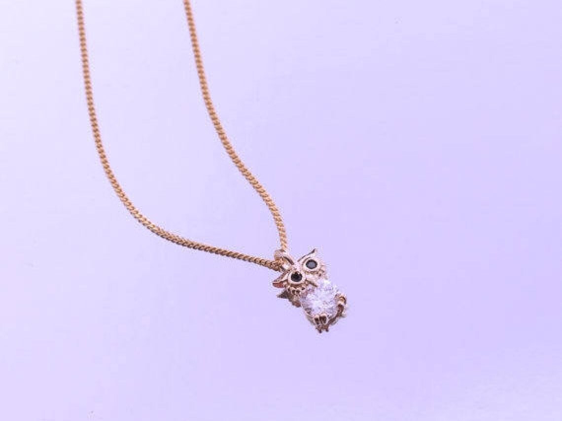 Adorable Small Owl Necklace Gold Owl Necklace With Sparkly Etsy