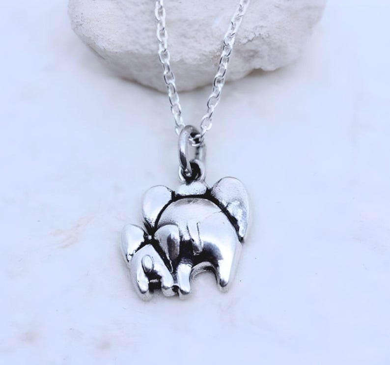 May include: A silver-toned metal necklace featuring a pendant shaped like two elephants, one larger and one smaller, connected by a jump ring to a delicate silver chain. The pendant has a polished finish with dark recessed areas to define the shapes.