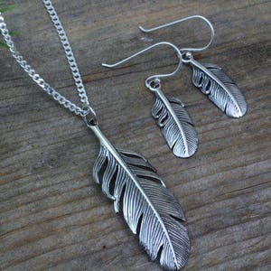 Sterling Silver Set Feather necklace. Feather necklace, Feather Earrings. Jewelry Sets.Choose chain, Silver feather earrings pendant Feather image 1