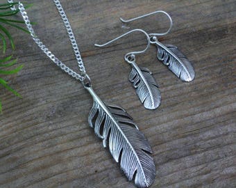 Sterling Silver Set Feather necklace. Feather necklace, Feather Earrings. Jewelry Sets.Choose chain, Silver feather earrings pendant Feather