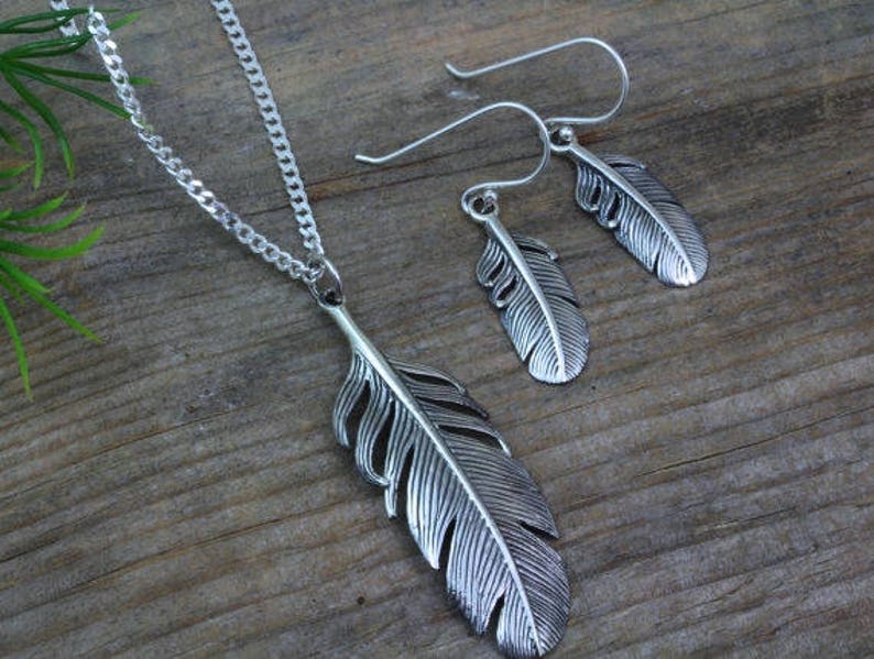 Sterling Silver Set Feather necklace. Feather necklace, Feather Earrings. Jewelry Sets.Choose chain, Silver feather earrings pendant Feather image 1