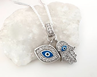 925 Sterling Silver Hamsa Evil Eye Necklace. Cubic Zirconia Evil Eye Necklace Protection jewelry. Choose chain