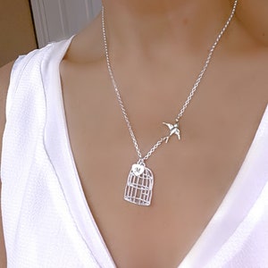 Sterling silver Bird Necklace, Silver Cage Necklace Personalized Cham, Be Free Bird, Deployment Gift Leaving Home