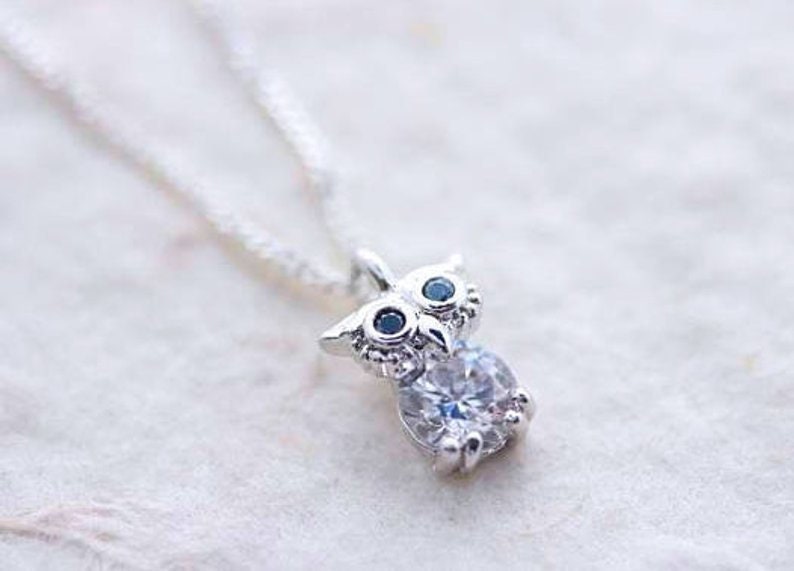 Adorable Small Owl Necklace Gold Owl Necklace Sparkly Cubic Etsy