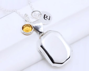 Medallón rectangular personalizado de plata de ley con dije de piedra de nacimiento. Cadena a elegir. Tamaño 0,59" x 0,78" R-30