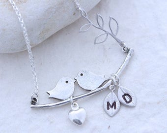 Sterling silver Love Bird necklace, Personalized bridal gift jewelry, Anniversary Gift, Sterling Love birds option. Bridal shower gift