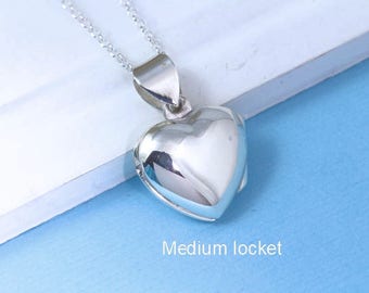 Solid Sterling Silver Heart locket Necklace, Medium 14mm heart locket in sterling silver Chain. A Truly Heirloom  Silver Locket. .  R-18.