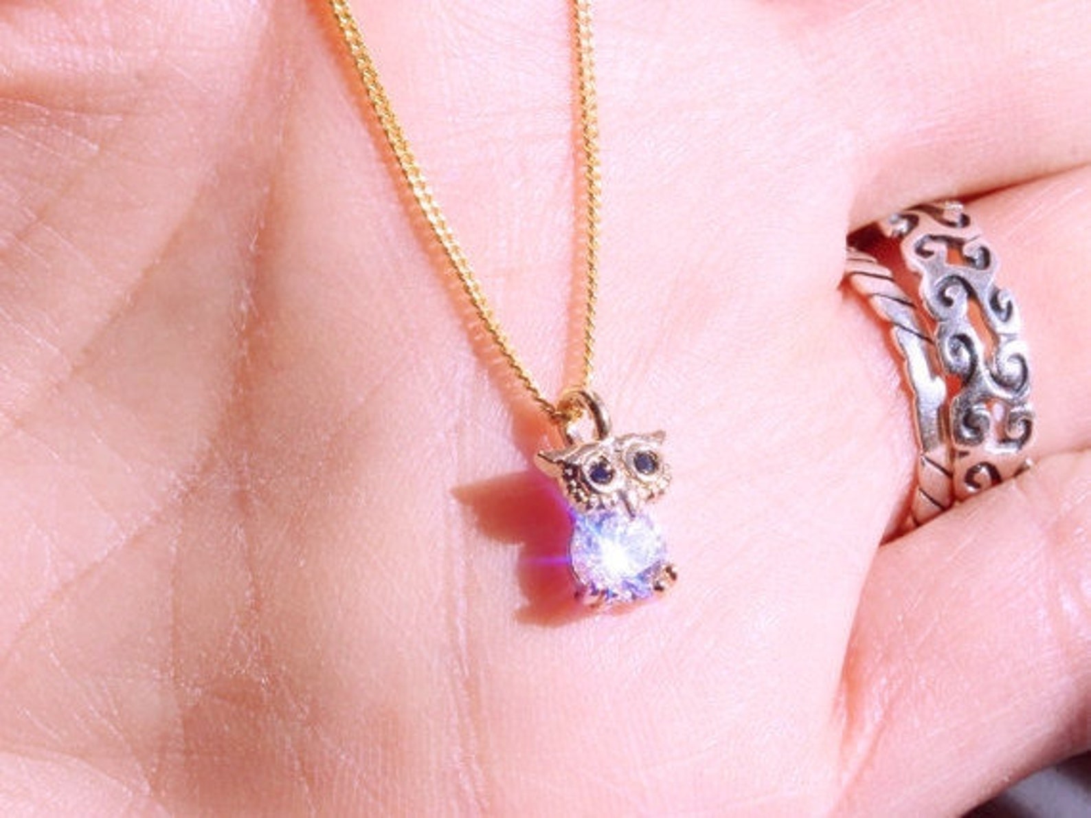 Adorable Small Owl Necklace Gold Owl Necklace Sparkly Cubic Etsy