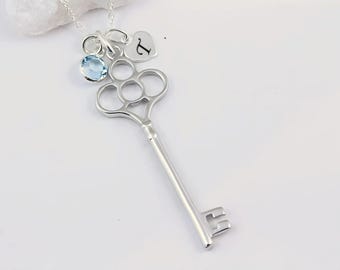Sterling Silver Key Necklace. Skeleton Key Pendant, Antique Silver Key. 2 Customized Charms included. Choose chain.