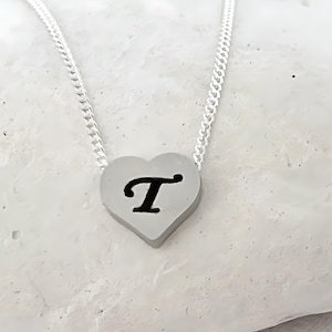 Customized Initial Heart Necklace, Sterling Silver Chain. Anti tarnish matte Rhodium Plated Heart. Sweet Sixteen Gift,  Everyday necklace