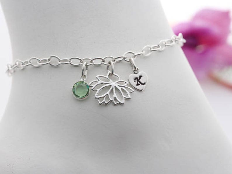 Personalized Bracelet Other charm upon request sterling silver Lotus Flower Bracelet Birthstone Custom Initial Long lasting chain