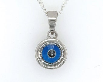 Sterling Silver Blue Evil Necklace. Evil Eye Charm in Sterling Silver chain, Blue Evil Eye jewelry.  Protection against evil eye curse