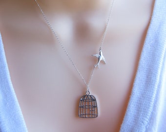 Bird Cage Necklace, Sterling Silver chain and Bird , Be Free Bird Necklace, Silver Birdcage necklace, Sparrow Necklace, Lost  loved one