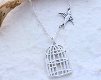 Bird Cage Necklace, Gold Flying Bird, Sterling Silver chain And Bird, Divorce gift, Birdcage necklace, Going away gift, Graduation Gift