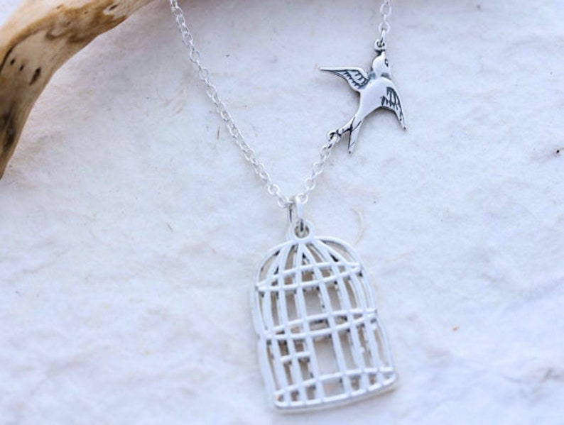 Bird Cage Necklace Gold Flying Bird Sterling Silver Chain Etsy