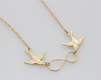 Gold Infinity Necklace . Gold Flying bird Necklace, Birds infinity necklace, Gold Bird Jewelry