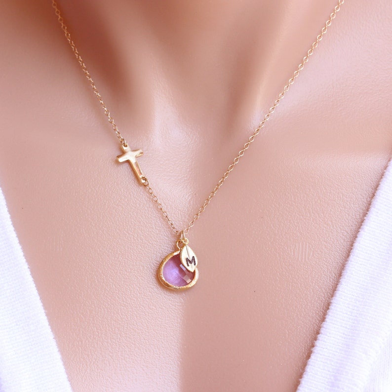 Amethyst Cross Necklace Personalized Charms Necklace Gold Etsy