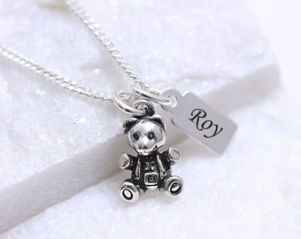 Sterling silver teddy bear necklace, personalized 925 silver teddy bear necklace with engraved name date tag, custom sterling silver teddy