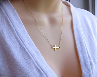 Gold sideways Cross Necklace. Horizontal Cross Necklace . God Horizontal Cross necklace. Choose Size Cross. Modem Cross