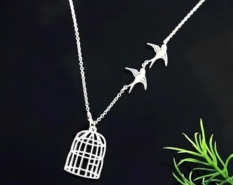 Flying Free Bird Necklace, Gold or Silver Bird Cage Flying Bird Necklace. Two Flying Birds Necklace.