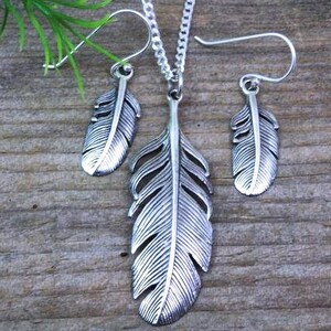 Sterling Silver Set Feather necklace. Feather necklace, Feather Earrings. Jewelry Sets.Choose chain, Silver feather earrings pendant Feather image 4