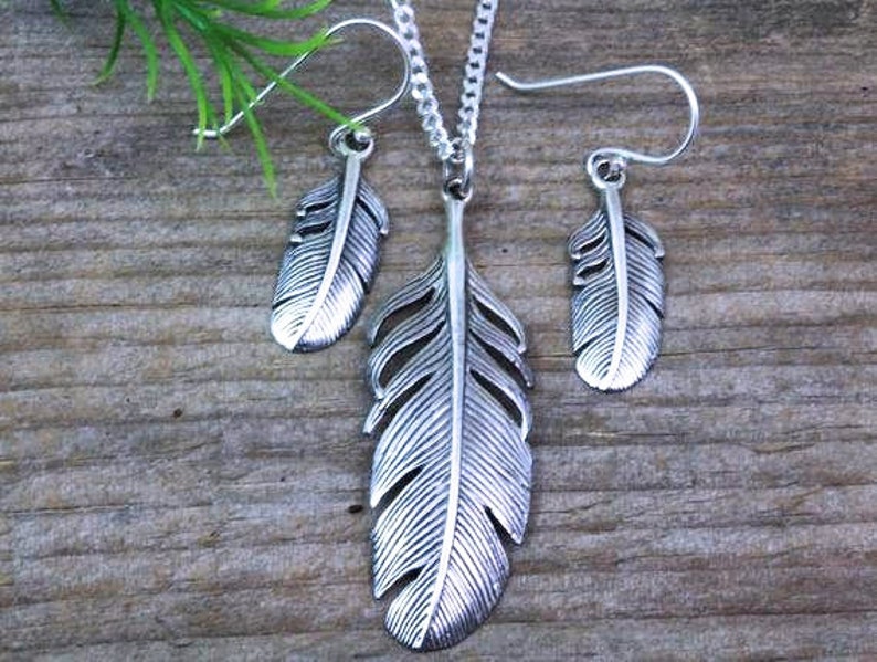 Sterling Silver Set Feather necklace. Feather necklace, Feather Earrings. Jewelry Sets.Choose chain, Silver feather earrings pendant Feather image 4