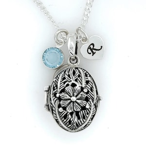 Oval locket Solid sterling silver Filigree locket necklace Personalized Initial & Birthstone Charms, Choose chain, Silver Flowers Locket. 37