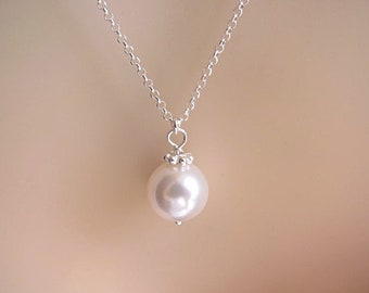 Single Pearl Necklace Solid Sterling Silver Swarovski Pearl Necklace. Select chain