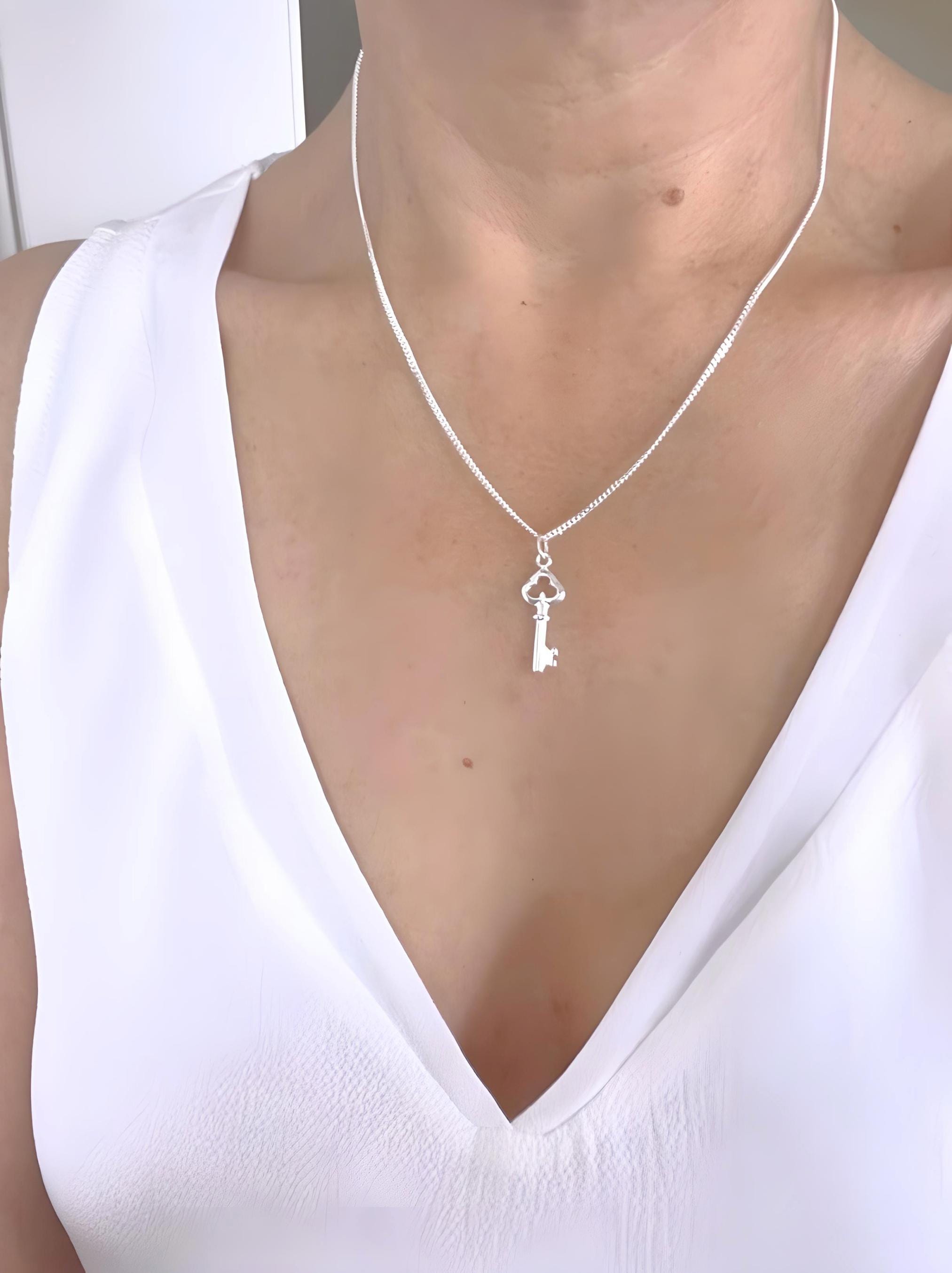 Sterling Silver Key Necklace. Silver Skeleton Key Necklace. Small Antique Key Necklace. Celebrity-inspired jewelry. Choose chain