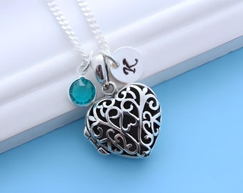 Solid sterling silver Heart locket necklace, Locket personalized with Initial and Birthstone. Sze: 18m L x 18m W x 9mm T. R-38. Choose chain