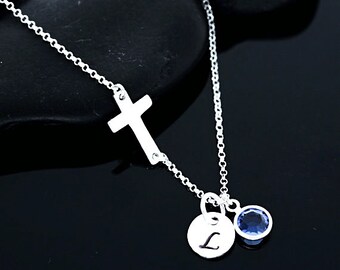 Sterling silver Sideways Cross Necklace. Custom initial Birthstones, Engraved Necklace, Grandma gift, Popular Mother gift, Mothers Necklace