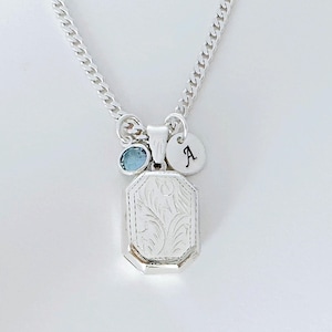 Sterling Silver Locket Necklace Rectangular Locket Pendant Personalized Birthstone and Initial.Choose chain. R-25