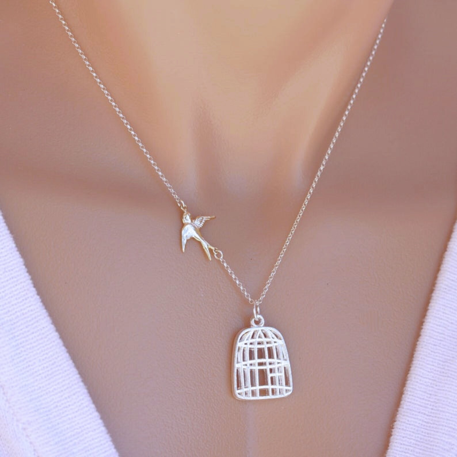 Sterling silver Bird Necklace Cage Necklace Personalized Etsy