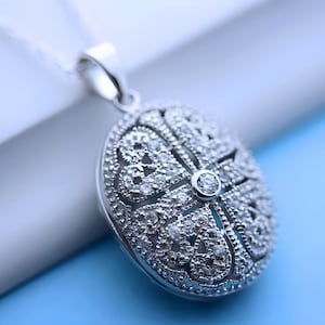Solid Sterling silver Filigree Locket Cubic Zirconia on Sterling Silver chain, Wedding Locket, Heirloom Oval Locket Necklace