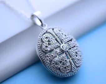 Solid Sterling silver Filigree Locket Cubic Zirconia on Sterling Silver chain, Wedding Locket, Heirloom Oval Locket Necklace