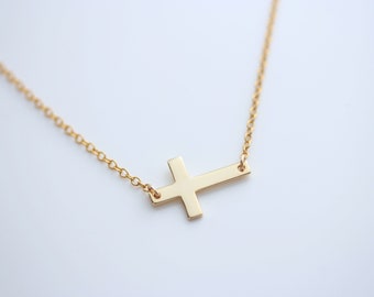 Sideways Cross Necklace - Side Gold Necklace - Horizontal Cross Necklace, Gold Cross Jewelry. Celebrities inspired