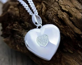 Sterling Silver Heart Photo locket Necklace Solid Sterling Silver Heart Shape Locket Heirloom Locket.  Size 0.78". 46