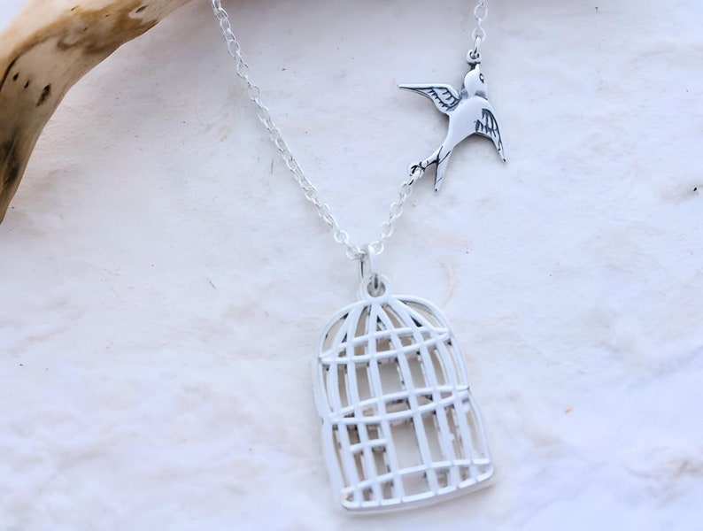 Flying Sparrow Necklace. Gorgeous Graduation Gift, Sterling silver Bird & Sterling silver Chain. Go Fetch Gift Silver Bird cage. image 1