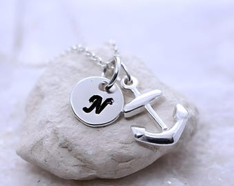 Sterling Silver Anchor Necklace Personalized Birthstone OR Initial. Strong foundation Stability Symbol. Choose chain.