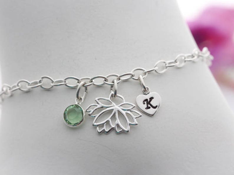 Personalized Bracelet Other charm upon request sterling silver Lotus Flower Bracelet Birthstone Custom Initial Long lasting chain