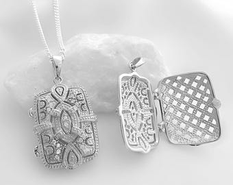 Cubic Zirconia locket, Solid sterling silver Locket necklace Lockets Art Deco vintage style. Locket Jewelry. Choose chain