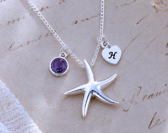 Sterling Silver Starfish Necklace with Custom Charm and Birthstone. Select chain