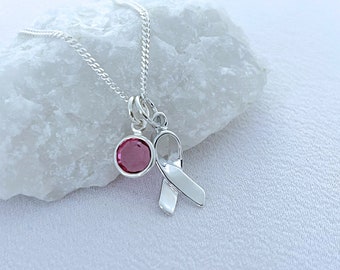 Cancer Ribbon Necklace. Sterling silver Cancer ribbon charm, Cancer free Gift. With Pink Crystal. Other crystal color upon request