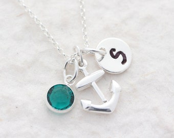 Sterling silver Small Anchor Necklace, Silver anchor charm. 2 Customized charms Included,  Beach Nautical jewelry.